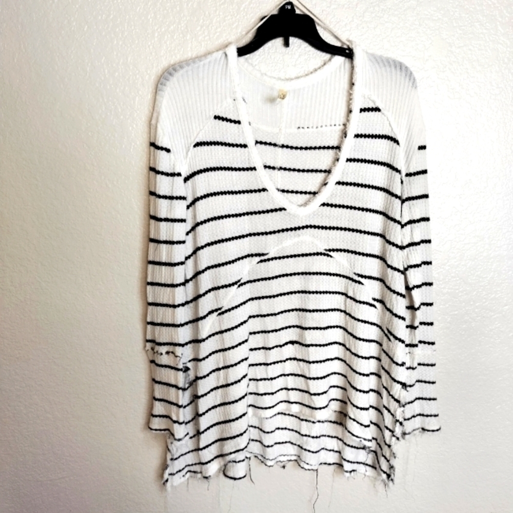 Free People White Black Striped Waffle Thermal Tunic Top Shirt sz Xs